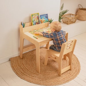 Desk and chair set for toddler, Montessori table with bookshelf, Kids board game table, Desk with drawer, Minimalist furniture, image 3