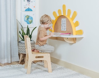 Sunshine Wall-Mounted Kids Table, Preschool set - Desk and Chair, Montessori Furniture, Boho style nursery, Toddler playroom,Mirror for Baby