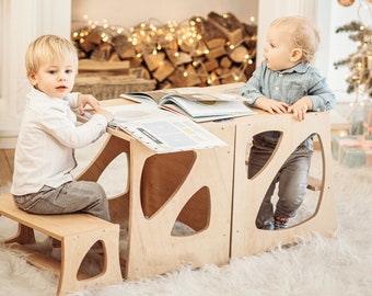 Keukentoren met schoolbord en twee stoelen, peutermeubilair, Montessori-bureau, keukentorenhelper, houten opstapje