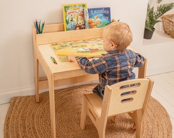 Board game table and chair, Montessori furniture, Desk organizer for Toddler, Custom play table, Kids activity table