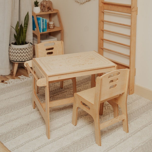 Kindertisch mit Papierhalter aus Holz, Montessori Möbel, Kindertisch und Stühle, sensorischer Kindertisch, Schreibtisch