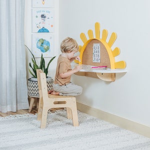 Sunshine Wall-Mounted Kids Table, Preschool set - Desk and Chair, Montessori Furniture, Boho style nursery, Toddler playroom,Mirror for Baby