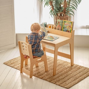 Preschool Learning Set: table with Bookshelf and chair, Activity Table for Kids, Toddler play table, Nursery Montessori furniture