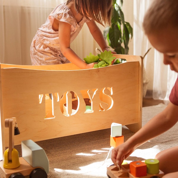 Spielzeugkiste aus Holz für Kleinkind Spielzimmer, Aufbewahrungskorb für Babyzimmer, Montessori Möbel, Spielzeug organizer, Boxen für Spielzeug