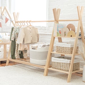 Nursery Teepee Set - Large Clothing Wardrobe and Storage shelves, Montessori furniture, Toddler Clothing Rack, First Christmas Gift