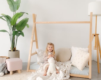 Boho Chic Floor Teepee Bed Frame for Toddler - Playful and Functional Design, Nursery furniture, Montessori shelves, Newborn Baby Wardrobe