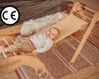 Klätterset med 3 artiklar för småbarn - Hopfällbar triangel + båge + ramp, Montessorimöbler, Trälekgym för babyn, Inomhuslekplats