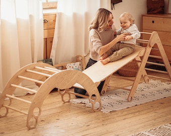 Juego Montessori de tres artículos - Arco de escalada + Triángulo plegable + Escalera de escalada/tobogán, Muebles Montessori de dreieck de gimnasio de madera