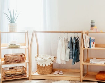 Set of 3 Shelves: Montessori Clothing Rack and Toy Storage Shelf Set for Kids Room Organization