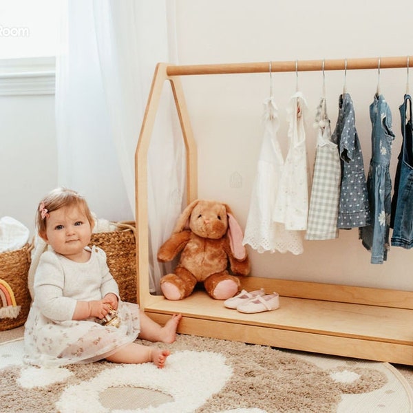 Porte-vêtements avec étagère - Décor de crèche pour tout-petits - Meubles Montessori - Rangement pour enfants - Garde-robe Montessori