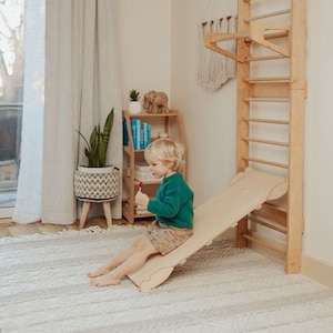 Climbing wall with slide,  toddler game room, Montessori furniture, educational toys, indoor playground, swedish ladder, Kids climber gym