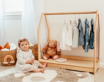 Porte-vêtements avec étagère - Décor de crèche pour tout-petits - Meubles Montessori - Rangement pour enfants - Garde-robe Montessori