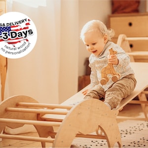 Set of 3 items: foldable Triangle + Arch + Ramp with slide, Climbing Montessori furniture for Toddlers, Wood baby gym