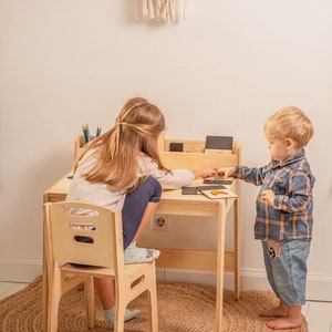 Desk and chair set for toddler, Montessori table with bookshelf, Kids board game table, Desk with drawer, Minimalist furniture, image 7