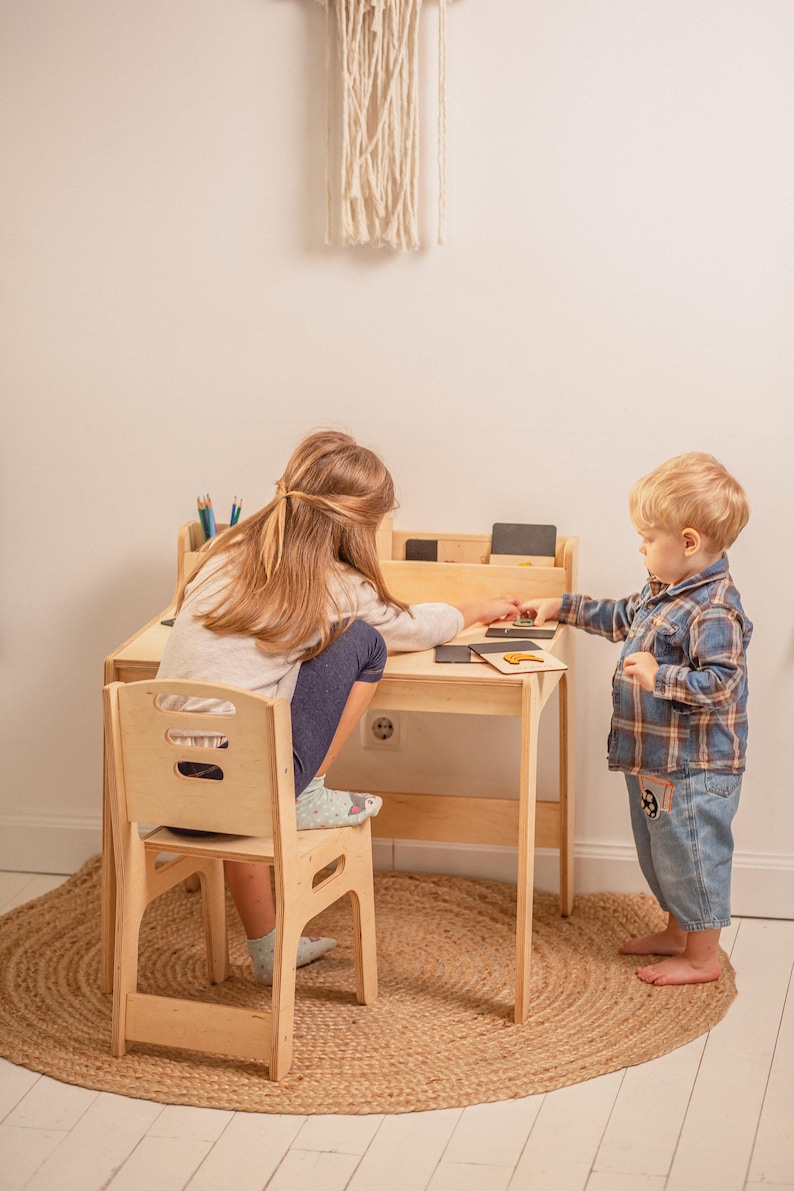 Desk and chair set for toddler, Montessori table with bookshelf, Kids board game table, Desk with drawer, Minimalist furniture, image 7