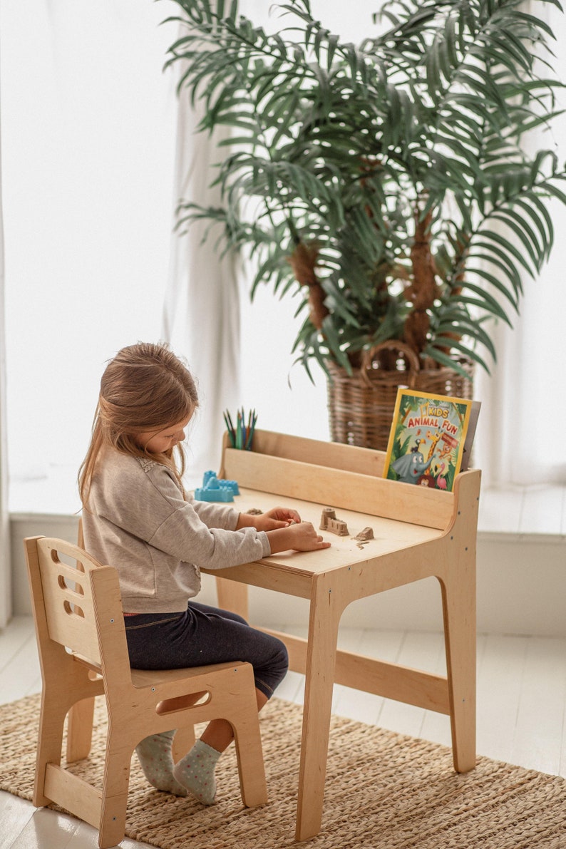 Desk and chair set for toddler, Montessori table with bookshelf, Kids board game table, Desk with drawer, Minimalist furniture, image 4