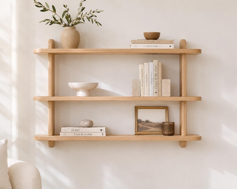 May include: A three-tiered light wood wall shelf featuring rounded edges and vertical supports. The shelves hold a beige vase with greenery, a small wooden bowl, stacked books titled Kinfolk and This Is Home, a stone bowl, and a framed landscape print.