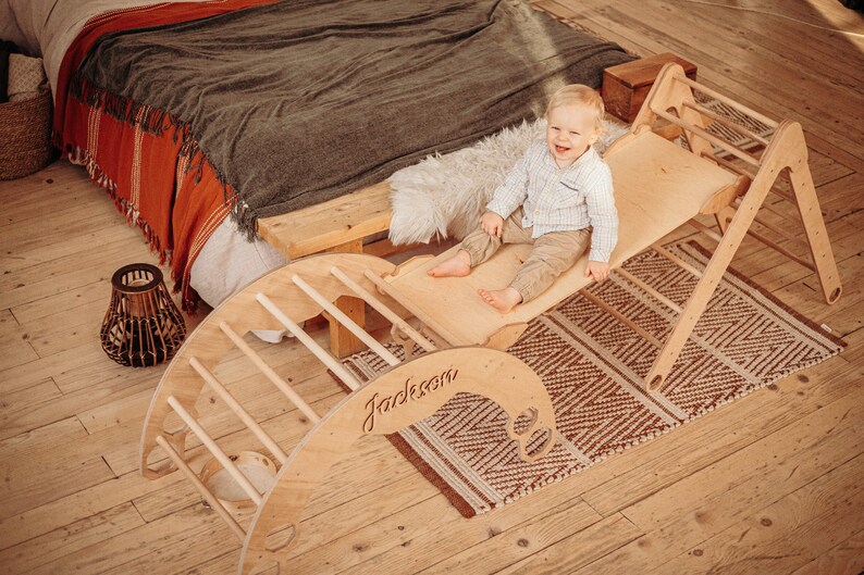 Montessori Set of three items - Climbing Arch + Foldable Triangle + Climbing ladder/slide, Wooden gym dreieck Montessori furniture