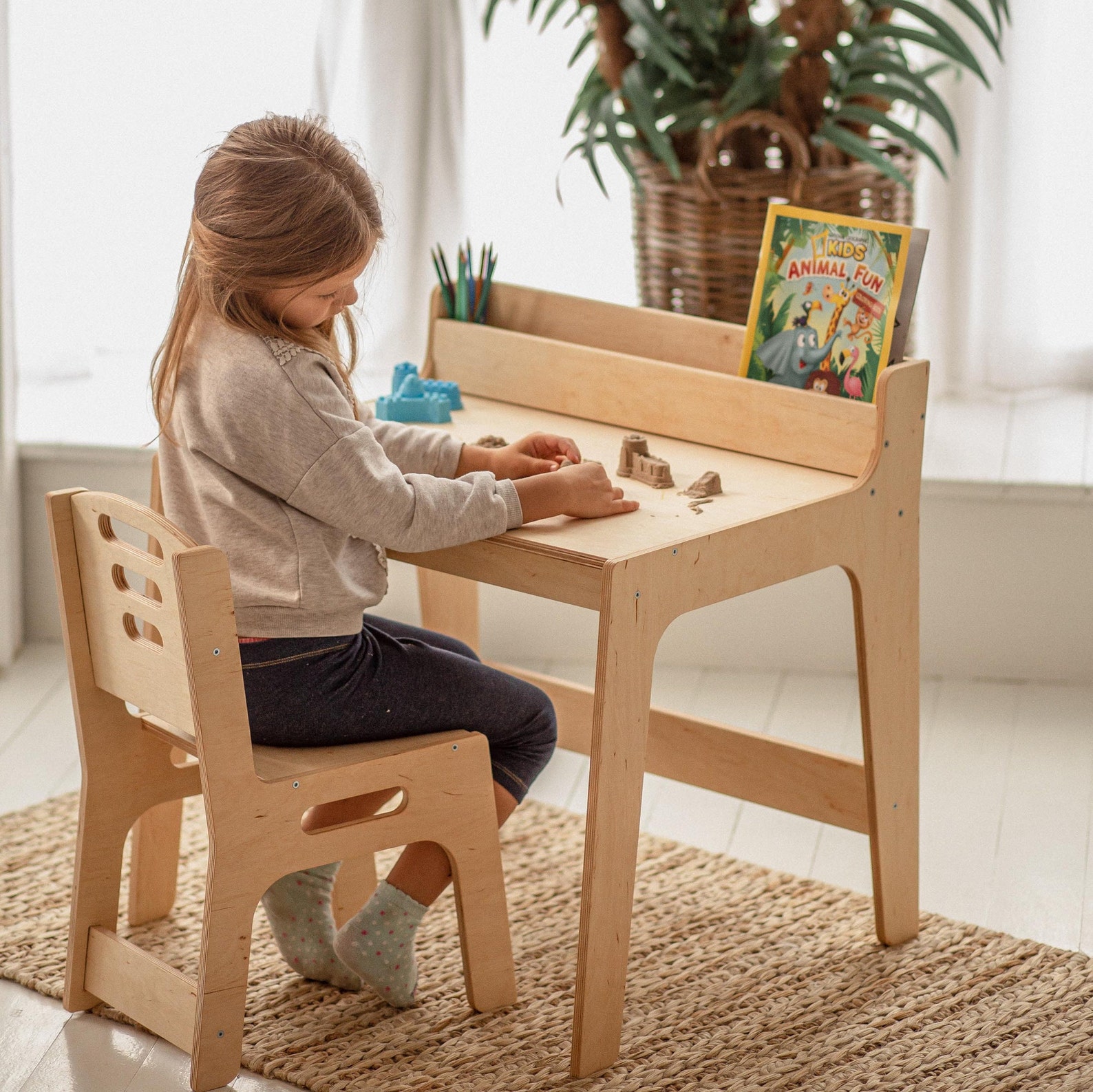 Kids Study Desk Set With Bookshelf and Chair - Preschool Learning Table ...