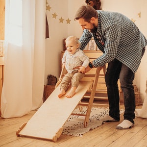 Set of 3 items: foldable Triangle Arch Ramp with slide, Climbing Montessori furniture for Toddlers, Wood baby gym image 4