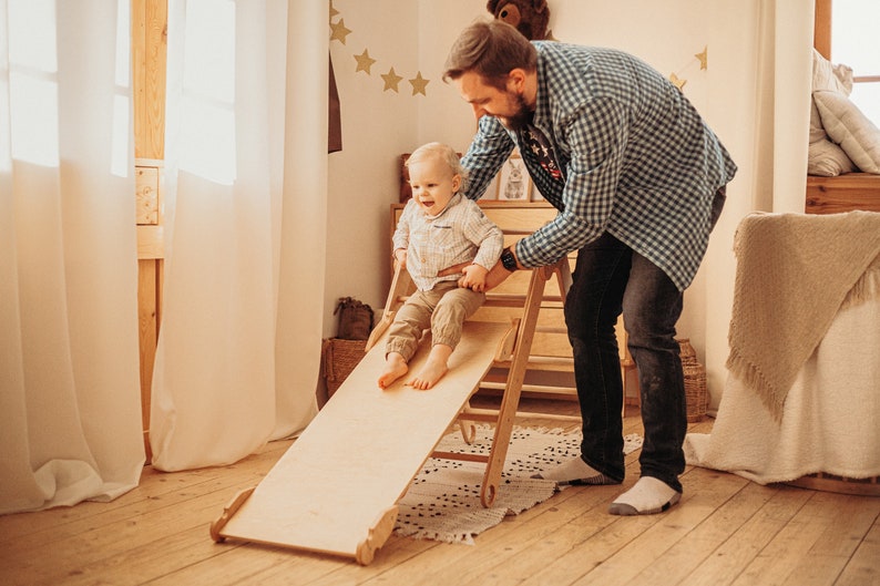 Set of 3 items: foldable Triangle Arch Ramp with slide, Climbing Montessori furniture for Toddlers, Wood baby gym image 4