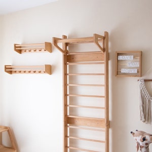 May include: A wooden wall-mounted climbing ladder with a shelf above it. There are two smaller shelves with hooks below the ladder. The shelves are made of light wood and have a natural finish. There is a sign that says "LOVE YOU MORE" on the wall to the right of the ladder.
