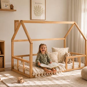 Montessori Floor House Bed Frame for Toddler Bedroom, Wooden Kids Bed image 2
