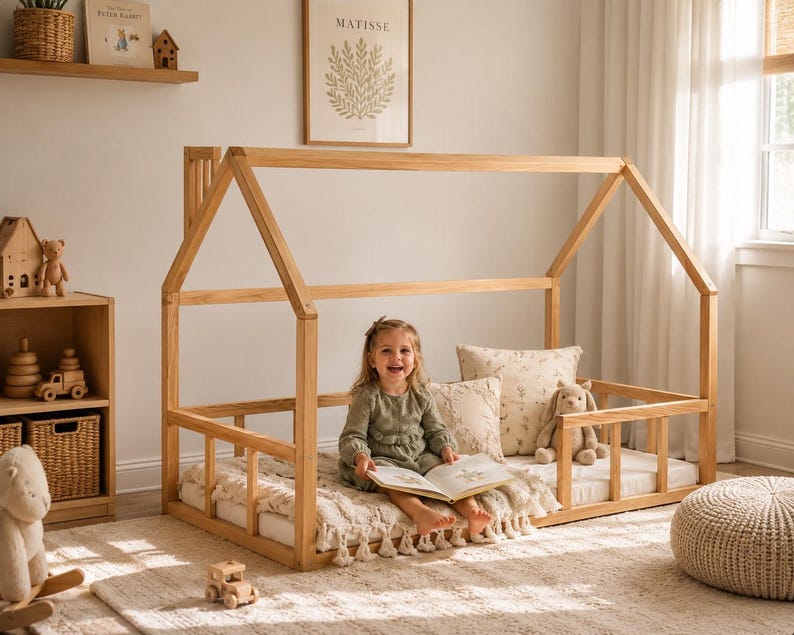 Montessori Floor House Bed Frame for Toddler Bedroom, Wooden Kids Bed image 2