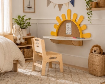 Montessori Wall Desk with Chair, Sun Activity Table for Toddler Playroom & Homeschool