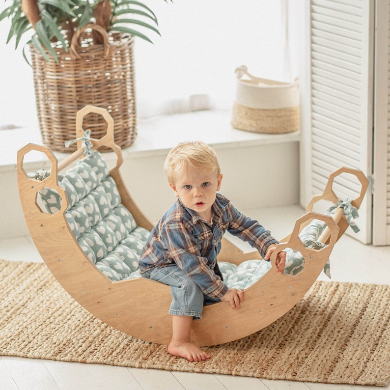 Climbing Arch with Pillow, Baby standing walking toys, Montessori furniture, Toddler First christmas gift, Wooden baby gym Montessori rocker image 1