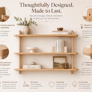 May include: A three-tier light wood wall shelf featuring a slot-together design, thick birch plywood construction, and a natural finish. The unit includes integrated wall-mounting hardware and is displayed with books, a vase, and decor items.