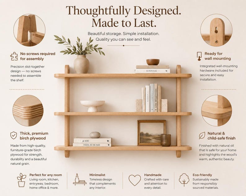 May include: A three-tier light wood wall shelf featuring a slot-together design, thick birch plywood construction, and a natural finish. The unit includes integrated wall-mounting hardware and is displayed with books, a vase, and decor items.
