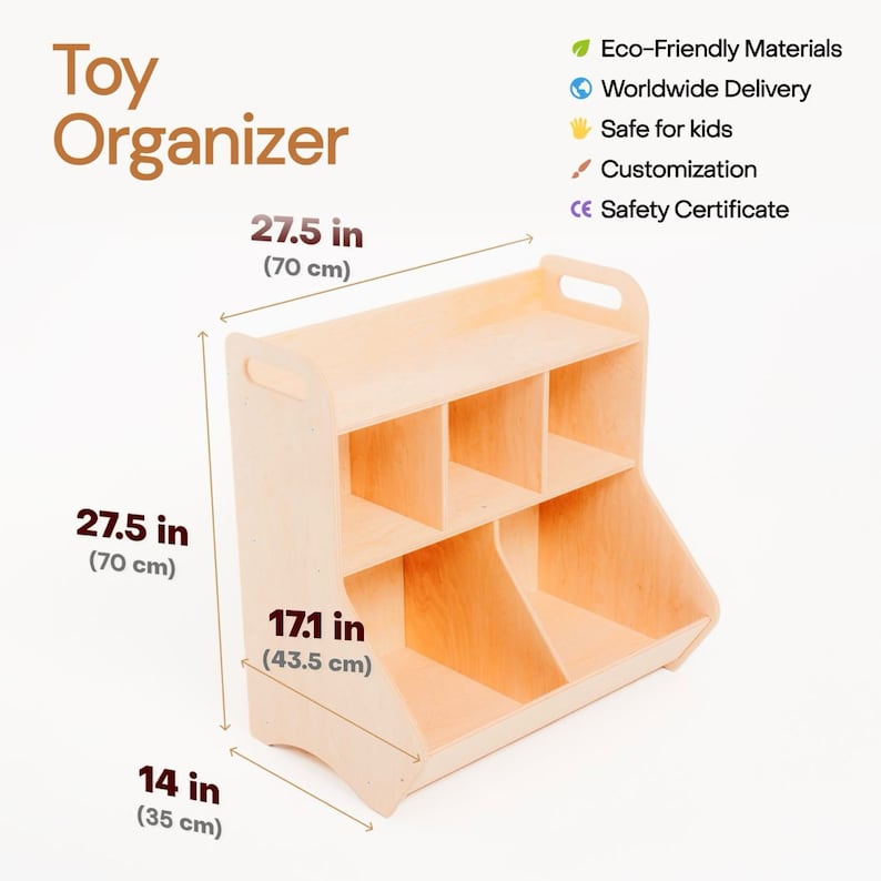 K&ouml;nnte beinhalten: Holzspielzeug-Organizer mit Regalen und Beh&auml;ltern. Er ist 70 cm hoch, 43,5 cm breit und 35 cm tief.