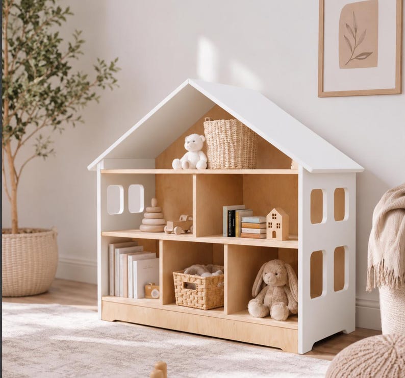 May include: A white and light wood dollhouse-shaped storage unit with a gabled roof and rectangular cutouts for windows. The interior features three levels of shelving divided into multiple compartments, containing books, woven baskets, and plush toys.
