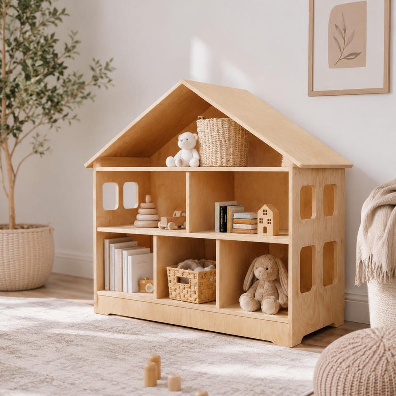 Montessori-inspired dollhouse bookshelf with books, baskets, and wooden toys in an aesthetic kids room