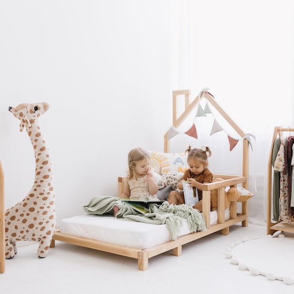 Montessori Bodenbett mit Beinen und Latten für Kleinkinder, Bett Spielhaus, Kindermöbel Schlafzimmer, Plattformbettrahmen, Kinderzimmer handgefertigte Möbel