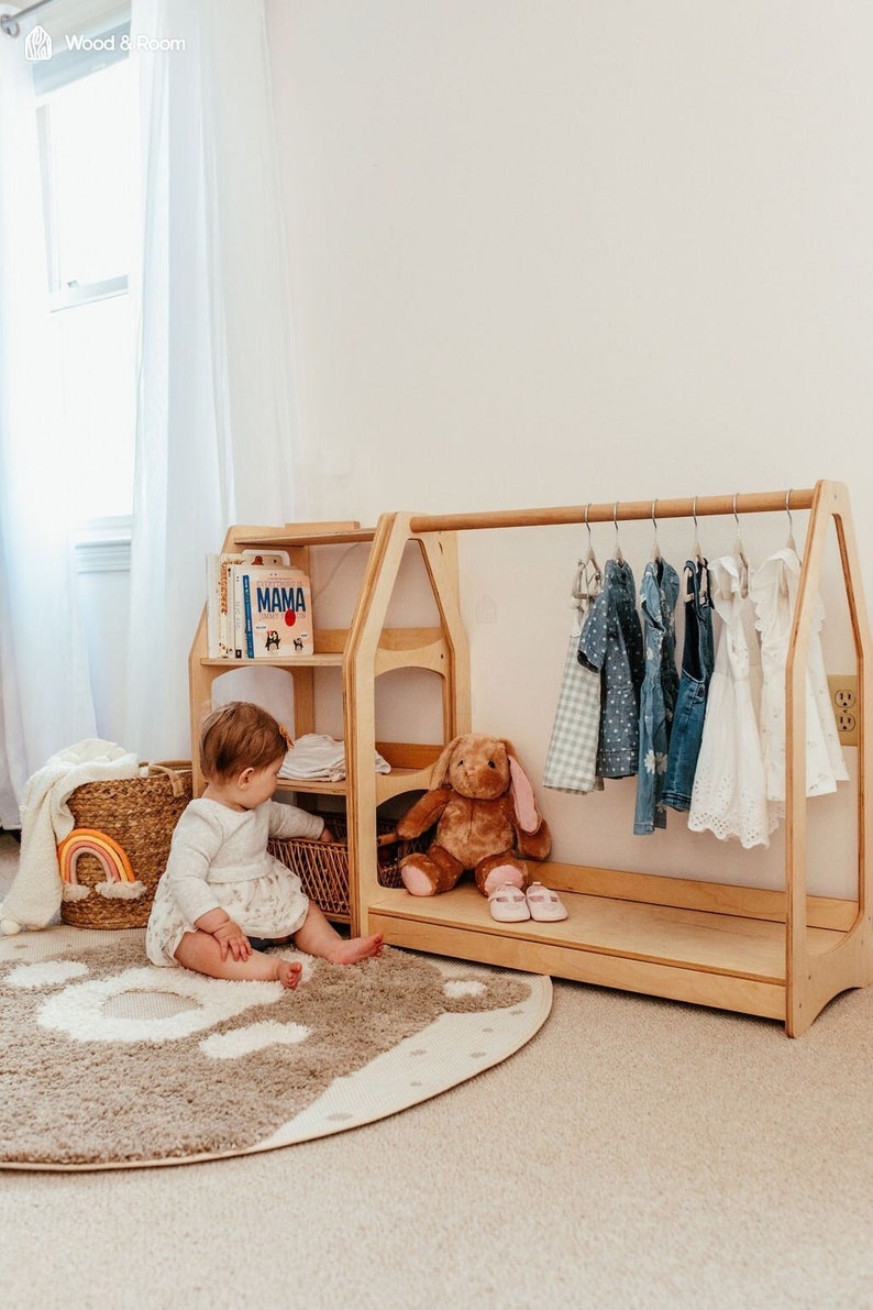 Nursery Set - Montessori clothing rack with shelf + Montessori shelf, Montessori Furniture, Dress Up Storage, Kid wardrobe,  Kindergarderobe 