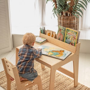 Desk and chair set for toddler, Montessori table with bookshelf, Kids board game table, Desk with drawer, Minimalist furniture, image 6