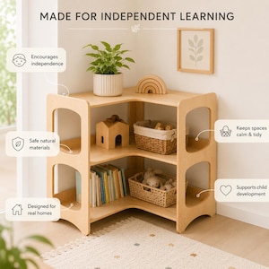 Corner Toy Storage Shelf for Playroom, Montessori Wooden Nursery Organizer image 10