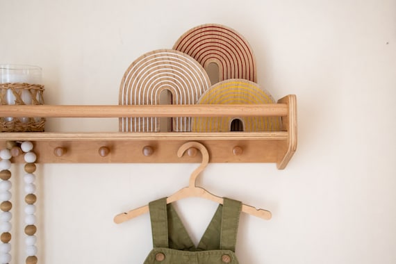 Nursery Wall Mount Bookshelf,  Childs Shelf with Hooks, Kids Bookcase, Montessori Furniture, Wood Nursery Shelves,Toddler Bookcase