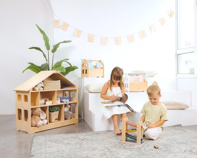 Minimalist Montessori dollhouse bookcase for nursery organization, toy rotation, and imaginative play