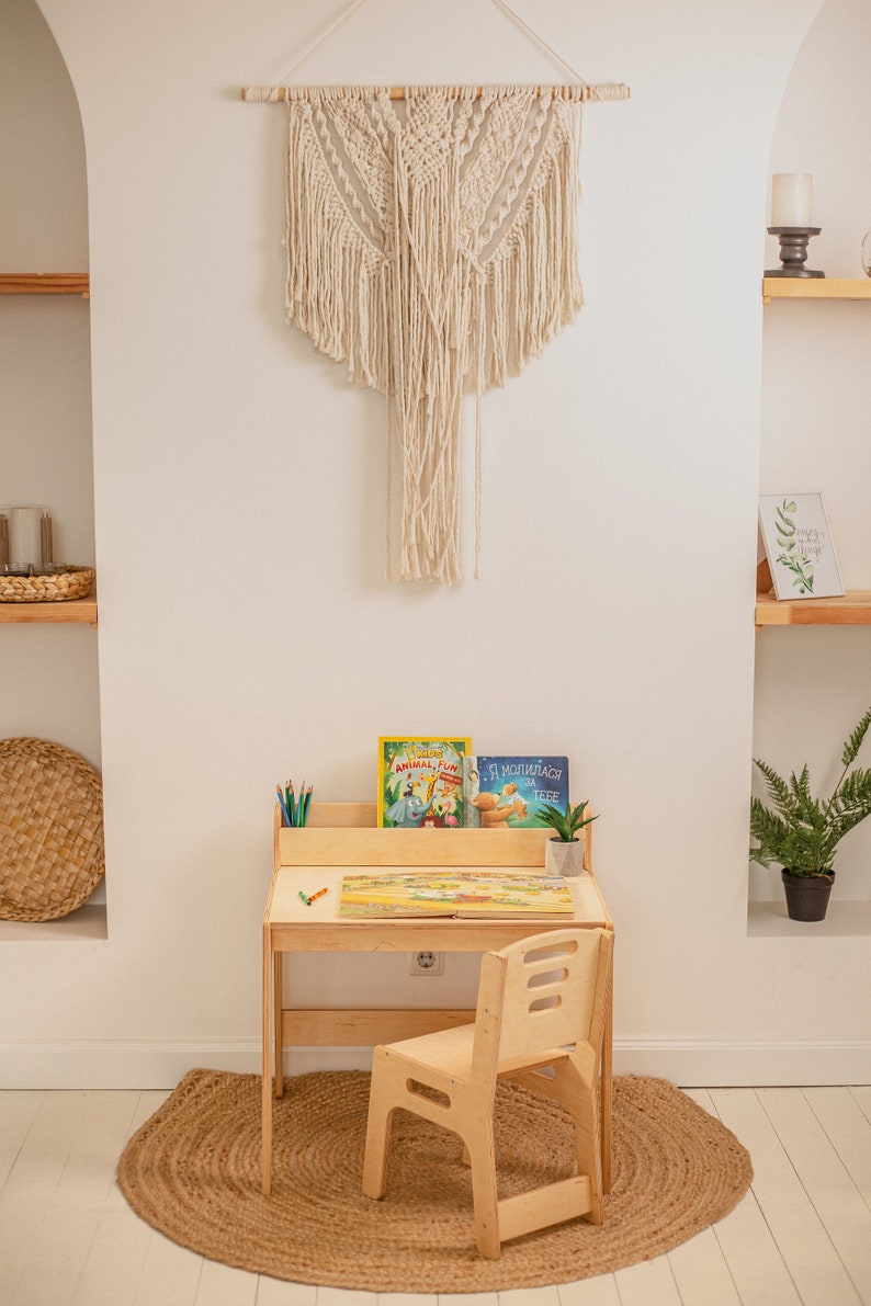 Desk and chair set for toddler, Montessori table with bookshelf, Kids board game table, Desk with drawer, Minimalist furniture, image 5