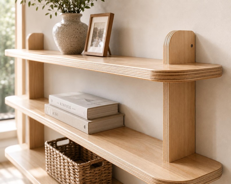 Large wooden wall shelf styled above a sofa in a warm, modern living room with neutral décor.