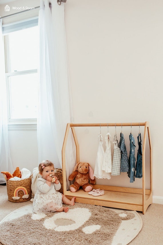 Montessori Clothing Rack with Shelf, Toddler furniture, Nursery storage, Montessori wardrobe, Kindergarderobe, Dress up rack, Kids closet
