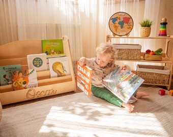 Big Set of Montessori furniture - Open Shelf + Large Bookcase with personalization + Multi-functional Toy Box, Toddler nursery toy storage