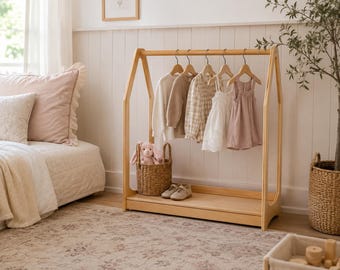 Clothing Rack with Bottom Shelf - Toddler Nursery Decor - Montessori Furniture - Kids Storage - Montessori Wardrobe