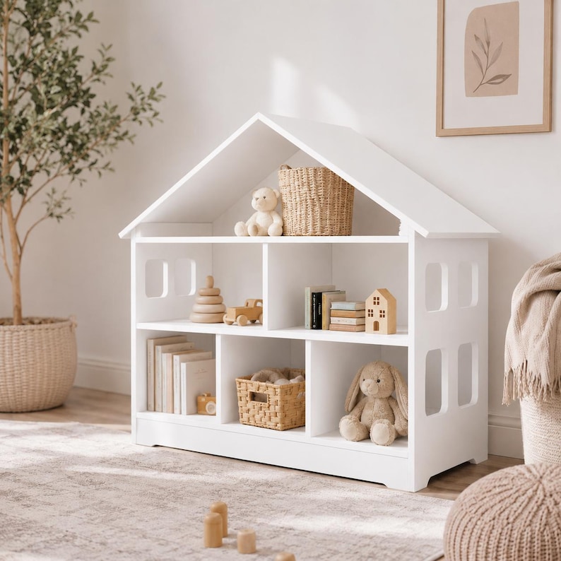 White wooden dollhouse shelf used for toy storage and pretend play in a Scandinavian nursery