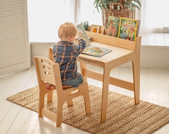 Preschool Learning Set: table with Bookshelf and chair, Activity Table for Kids, Toddler play table, Nursery Montessori furniture