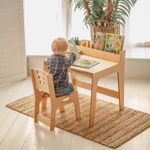 Montessori Preschool Learning Table & Chair Set + Bookshelf – Wooden Toddler Activity Center