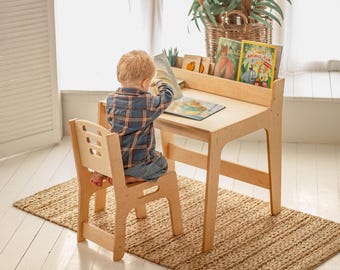 Montessori Preschool Learning Table & Chair Set + Bookshelf – Wooden Toddler Activity Center